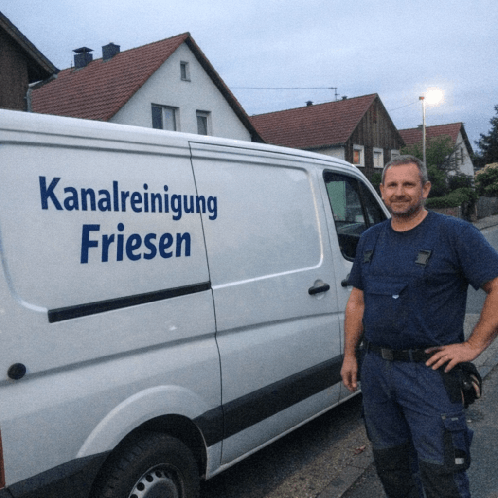 Servicefahrzeug und Fachmann vor einer typischen Wohnsiedlung in der Region