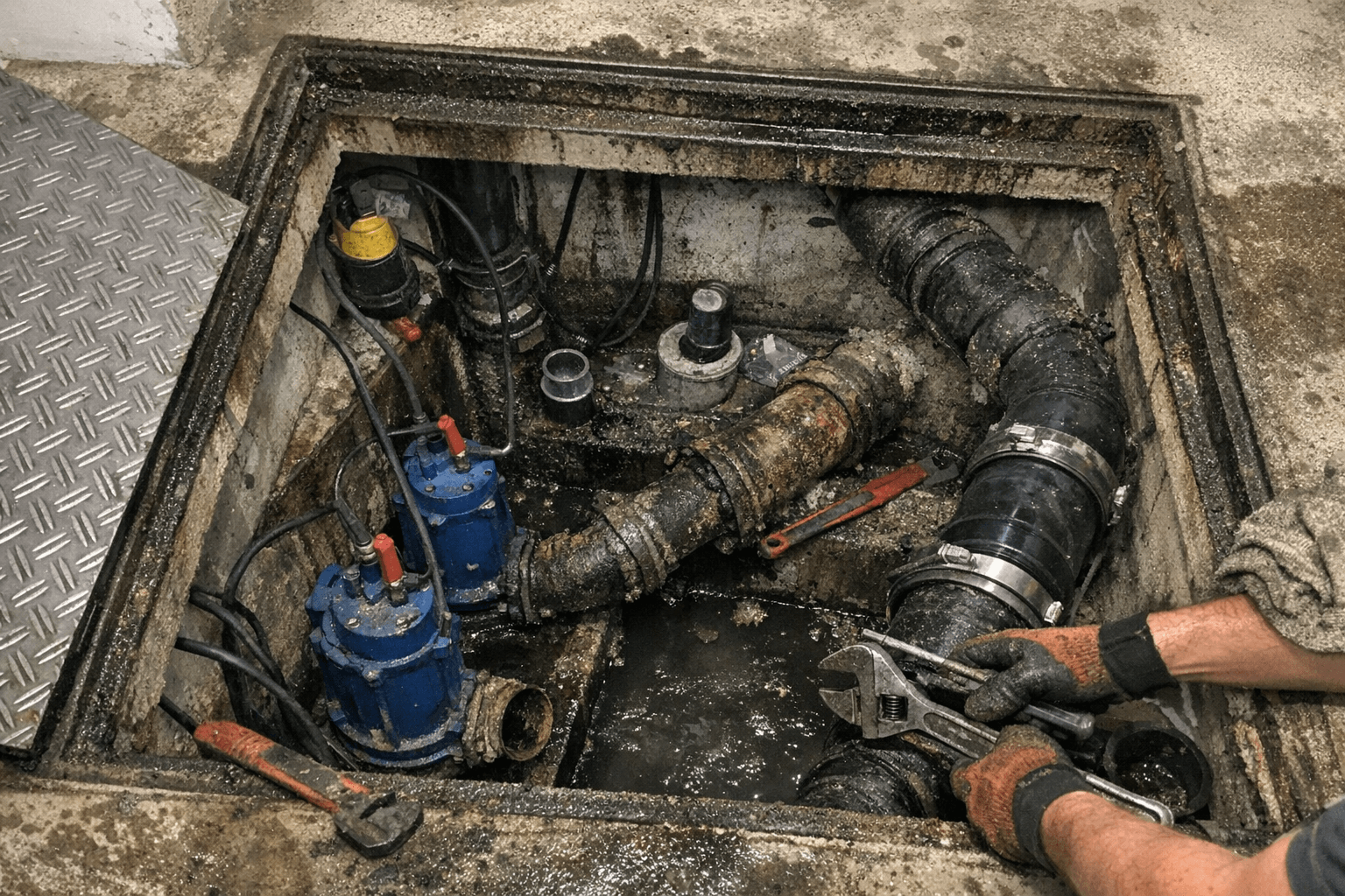 Geöffneter Schacht einer Hebeanlage zur Wartung und Reparatur der Pumptechnik