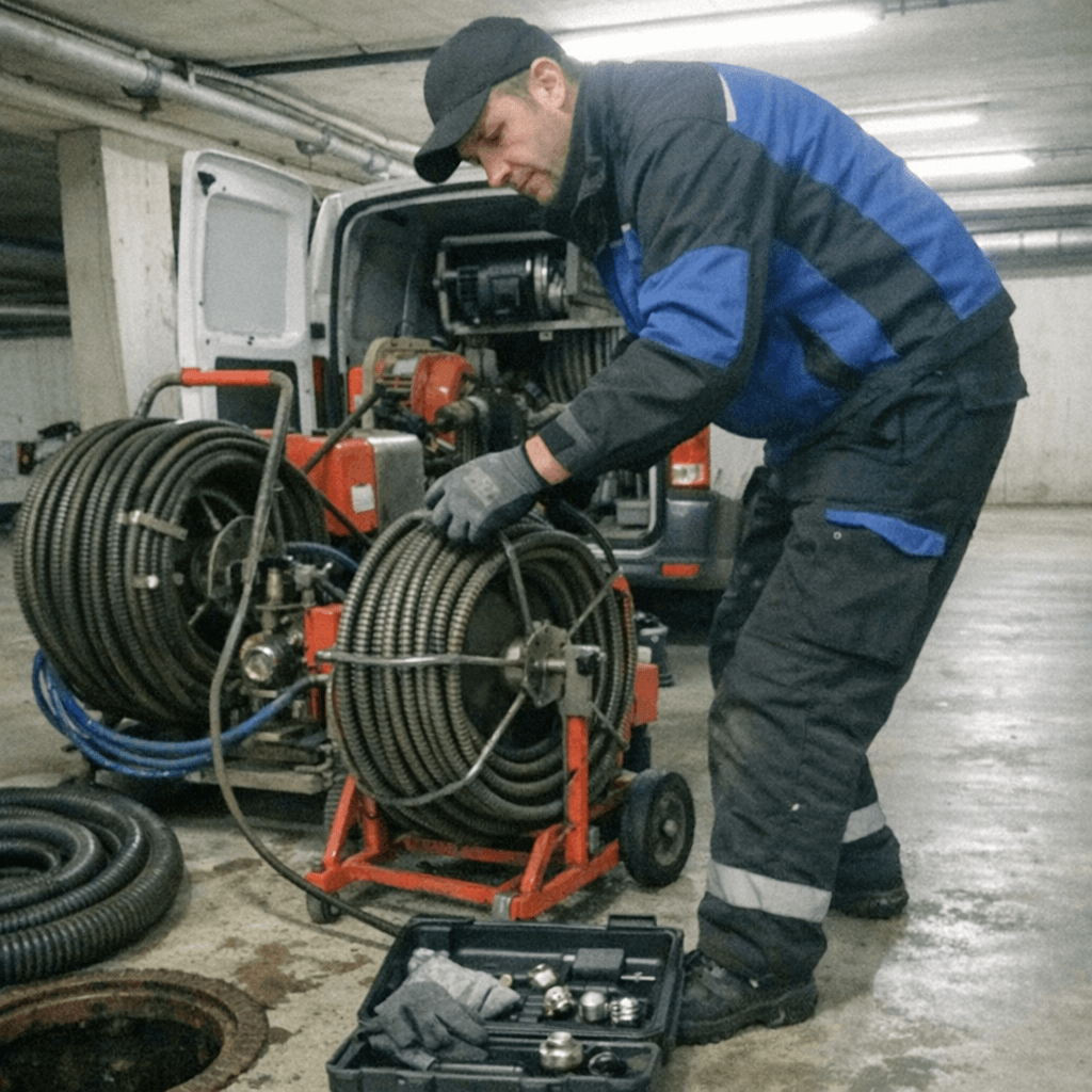 Fachmann in sauberer Arbeitskleidung bereitet die Kanalreinigung vor Ort vor