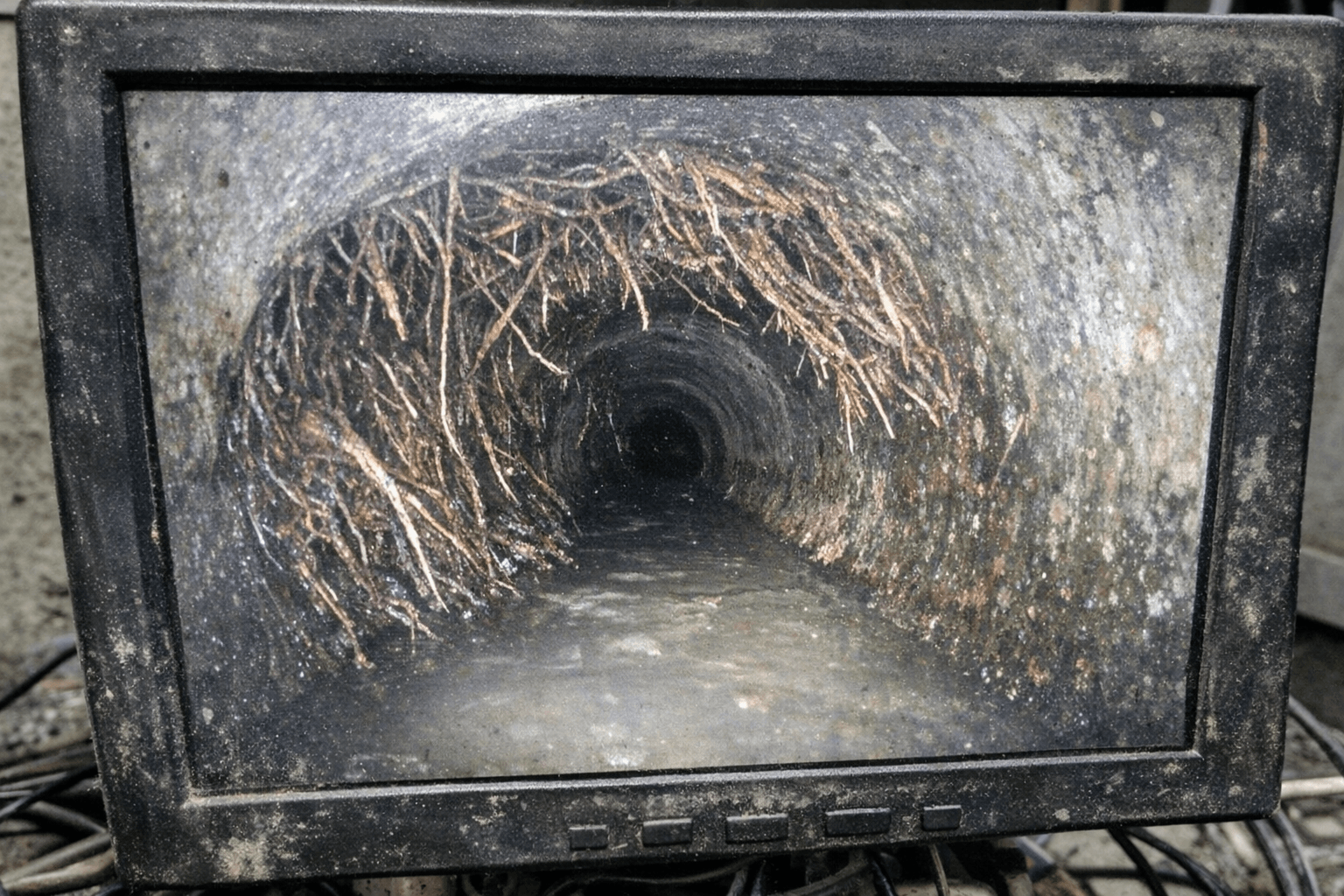 Monitorbild einer Rohrkamera während der Inspektion einer unterirdischen Abwasserleitung